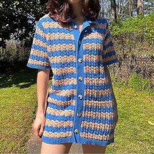 Blue and Tan Striped Button-Up Dress